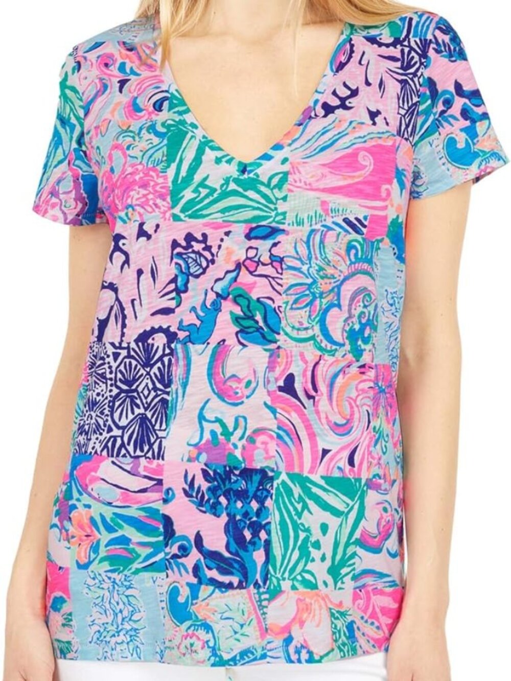 Lilly Pulitzer Women's Etta Scoop Neck Top Shirt Multi Patch To Match